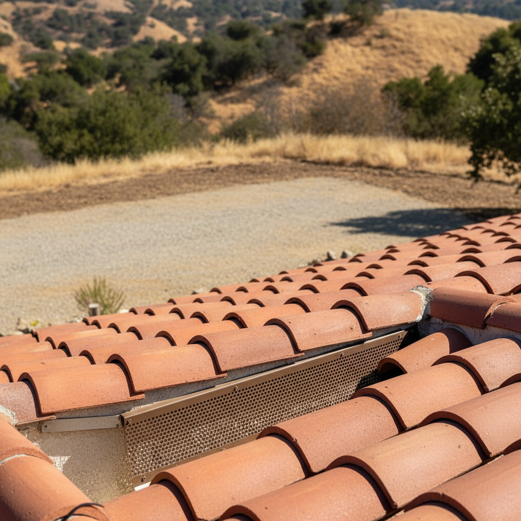 Close-up of Class A fire-rated clay tile roofing with ember-resistant venting on a Los Angeles hillside home