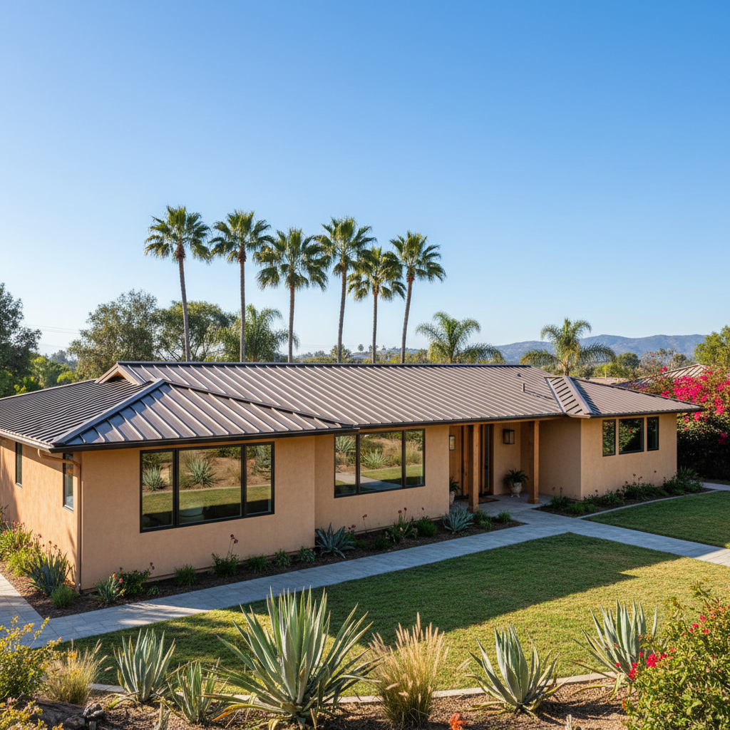 Southern California ranch-style home in Orange County with a standing-seam metal roof
