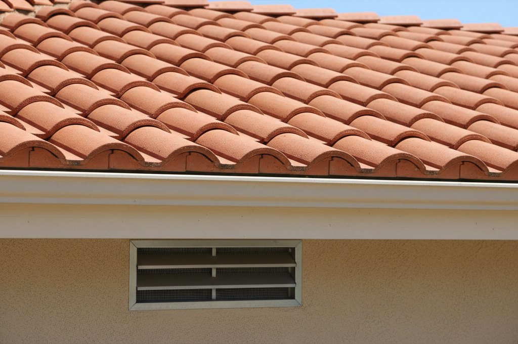 Clay S-tile roof eave with bird stop closures at the tile ends and a baffled ember-resistant soffit vent on a stucco wall