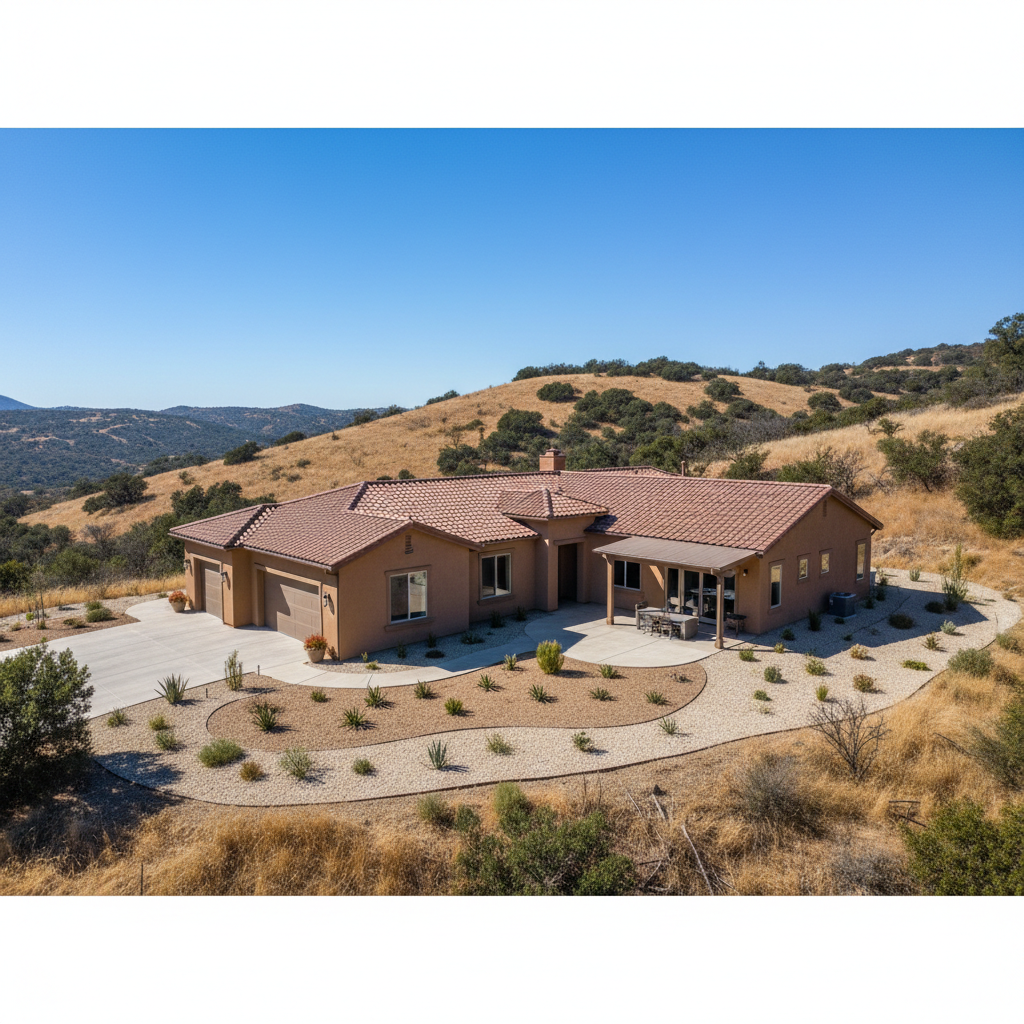 San Diego County backcountry home with Class A fire-rated tile roof and defensible space landscaping
