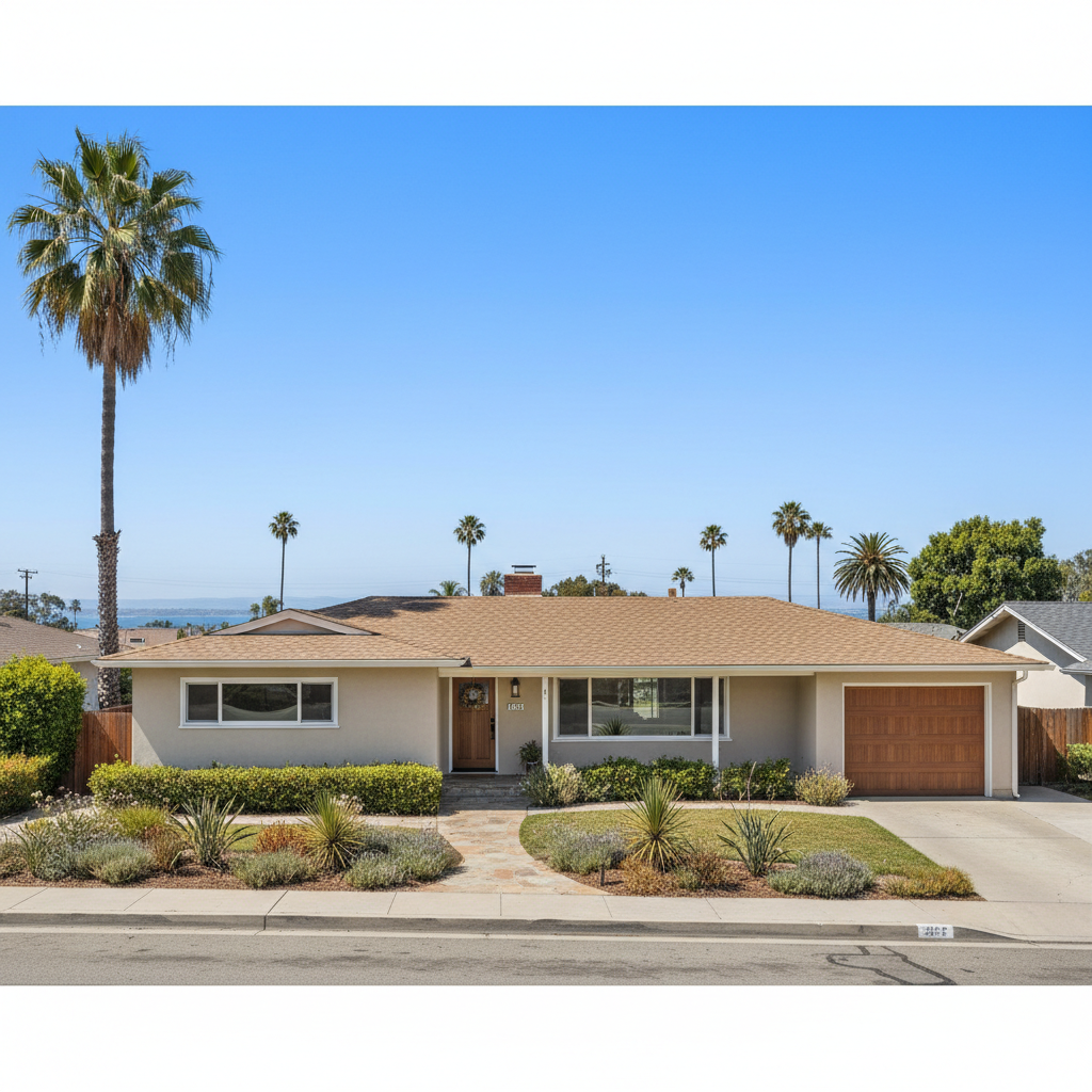 Single-story ranch home in National City, CA with a bay view in the background